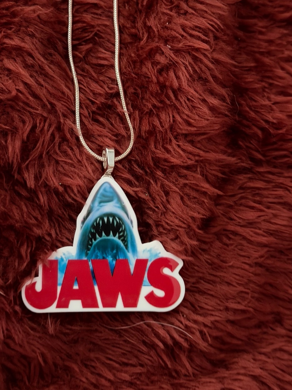 Jaws Shark Logo Pendant Necklace in Blue and Red